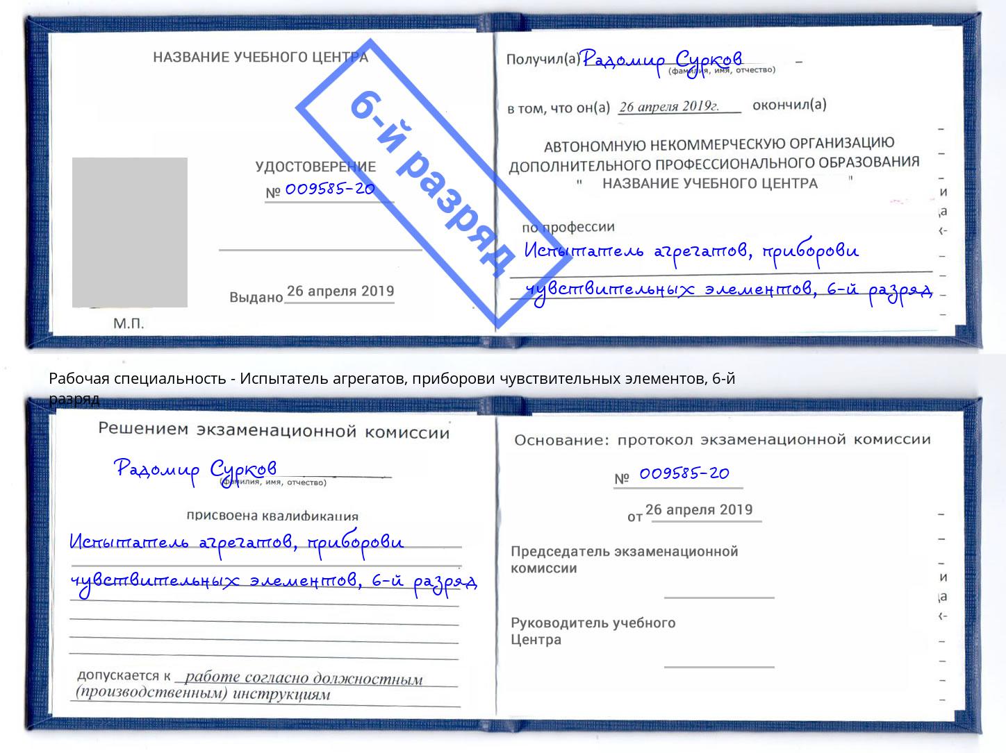 корочка 6-й разряд Испытатель агрегатов, приборови чувствительных элементов Новомосковск