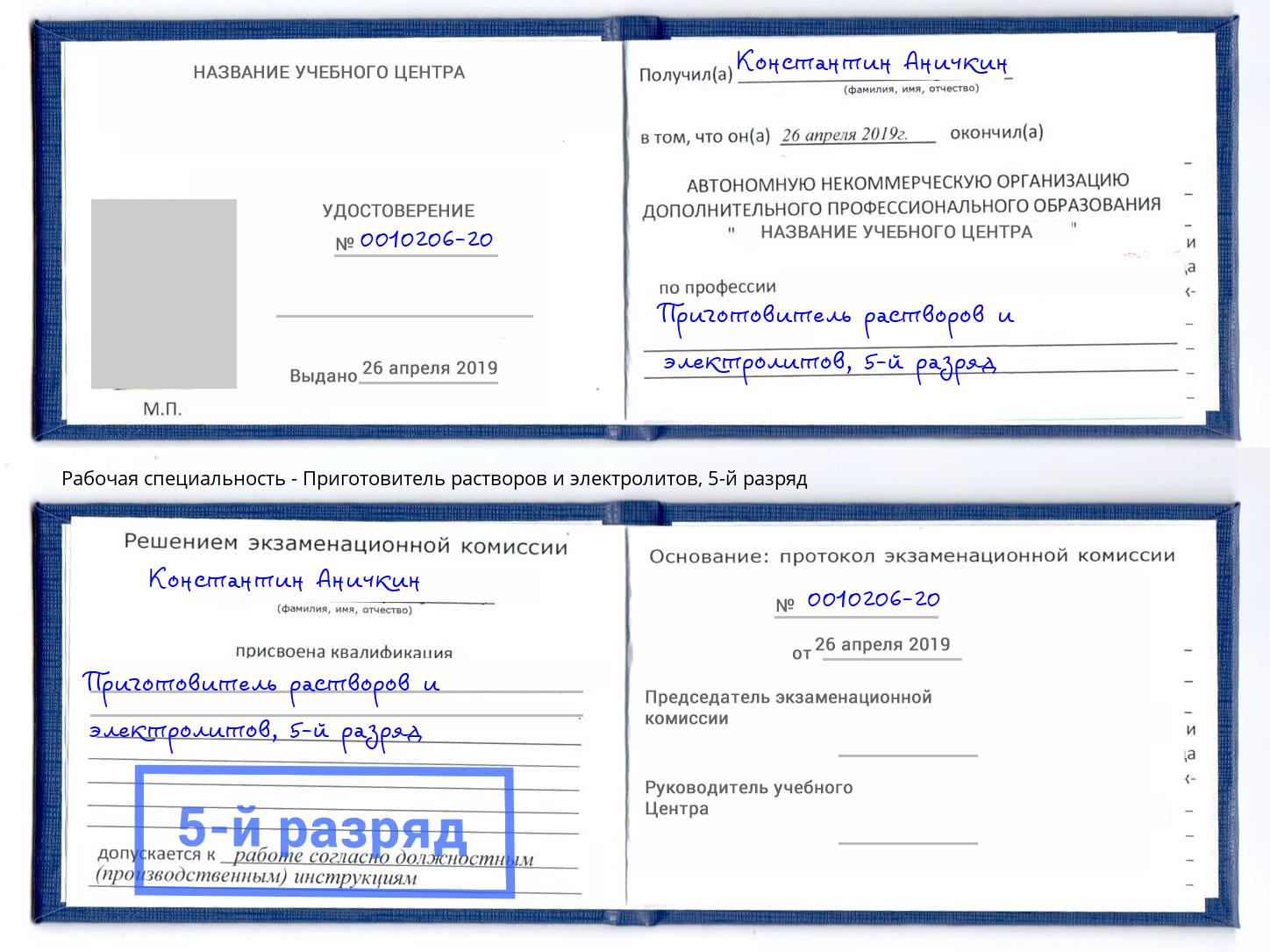 корочка 5-й разряд Приготовитель растворов и электролитов Новомосковск