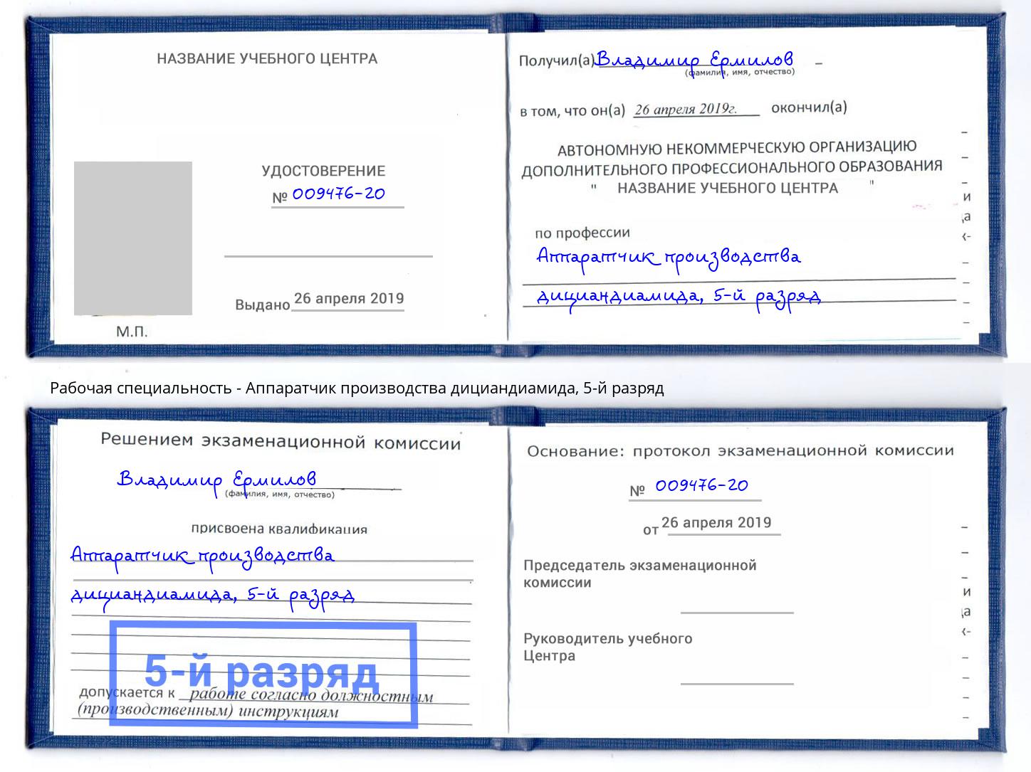 корочка 5-й разряд Аппаратчик производства дициандиамида Новомосковск