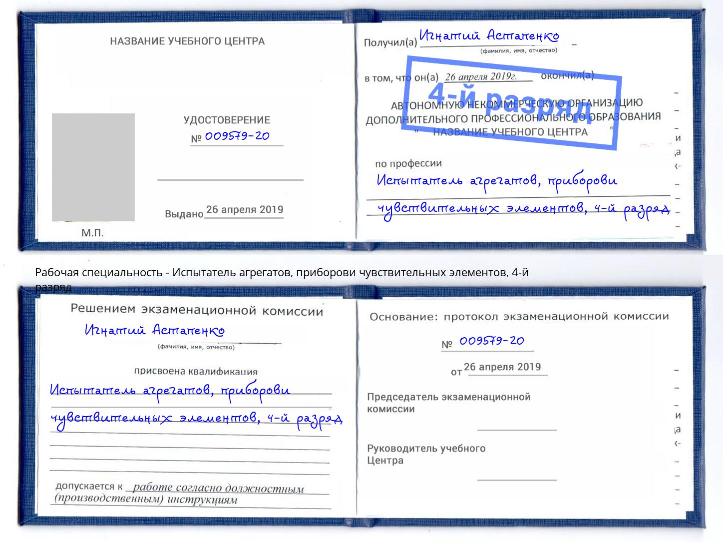 корочка 4-й разряд Испытатель агрегатов, приборови чувствительных элементов Новомосковск