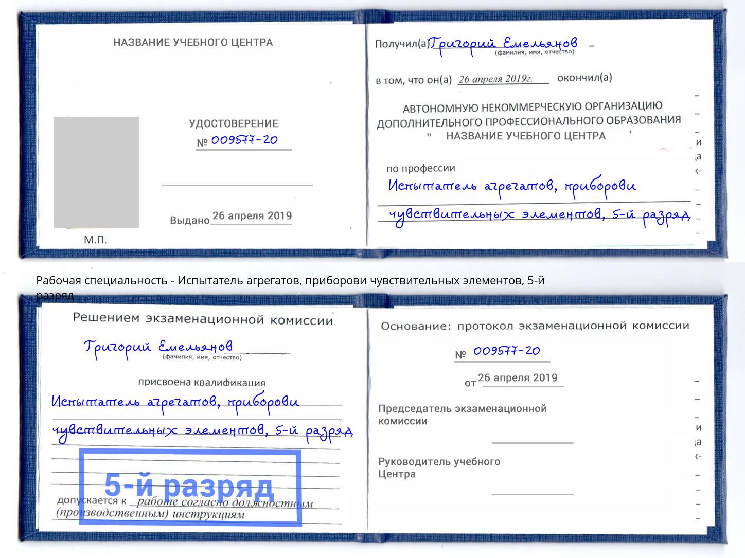 корочка 5-й разряд Испытатель агрегатов, приборови чувствительных элементов Новомосковск
