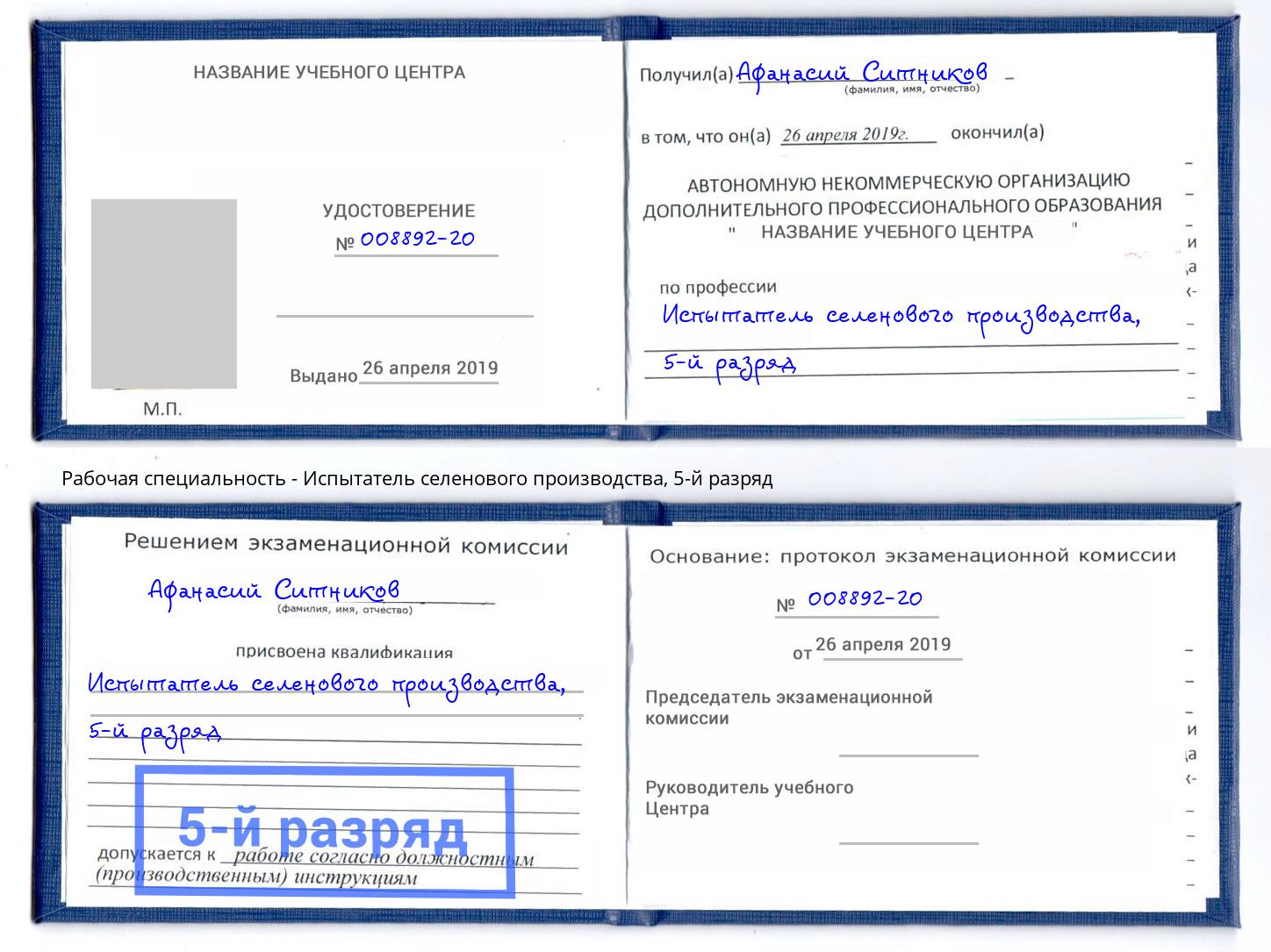 корочка 5-й разряд Испытатель селенового производства Новомосковск