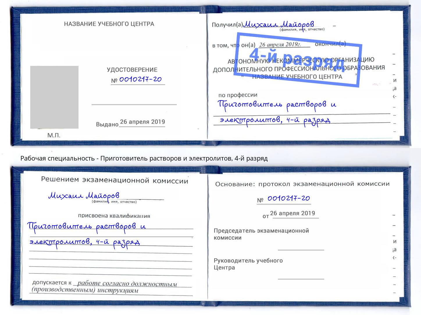 корочка 4-й разряд Приготовитель растворов и электролитов Новомосковск