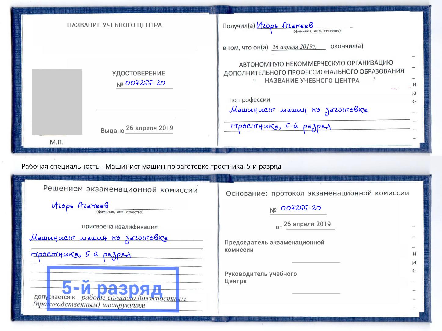 корочка 5-й разряд Машинист машин по заготовке тростника Новомосковск