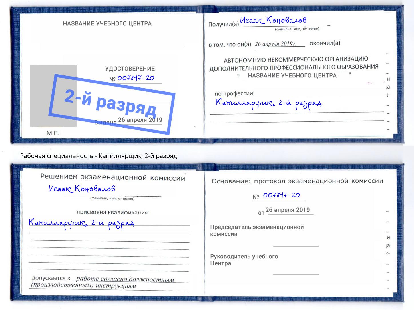 корочка 2-й разряд Капиллярщик Новомосковск