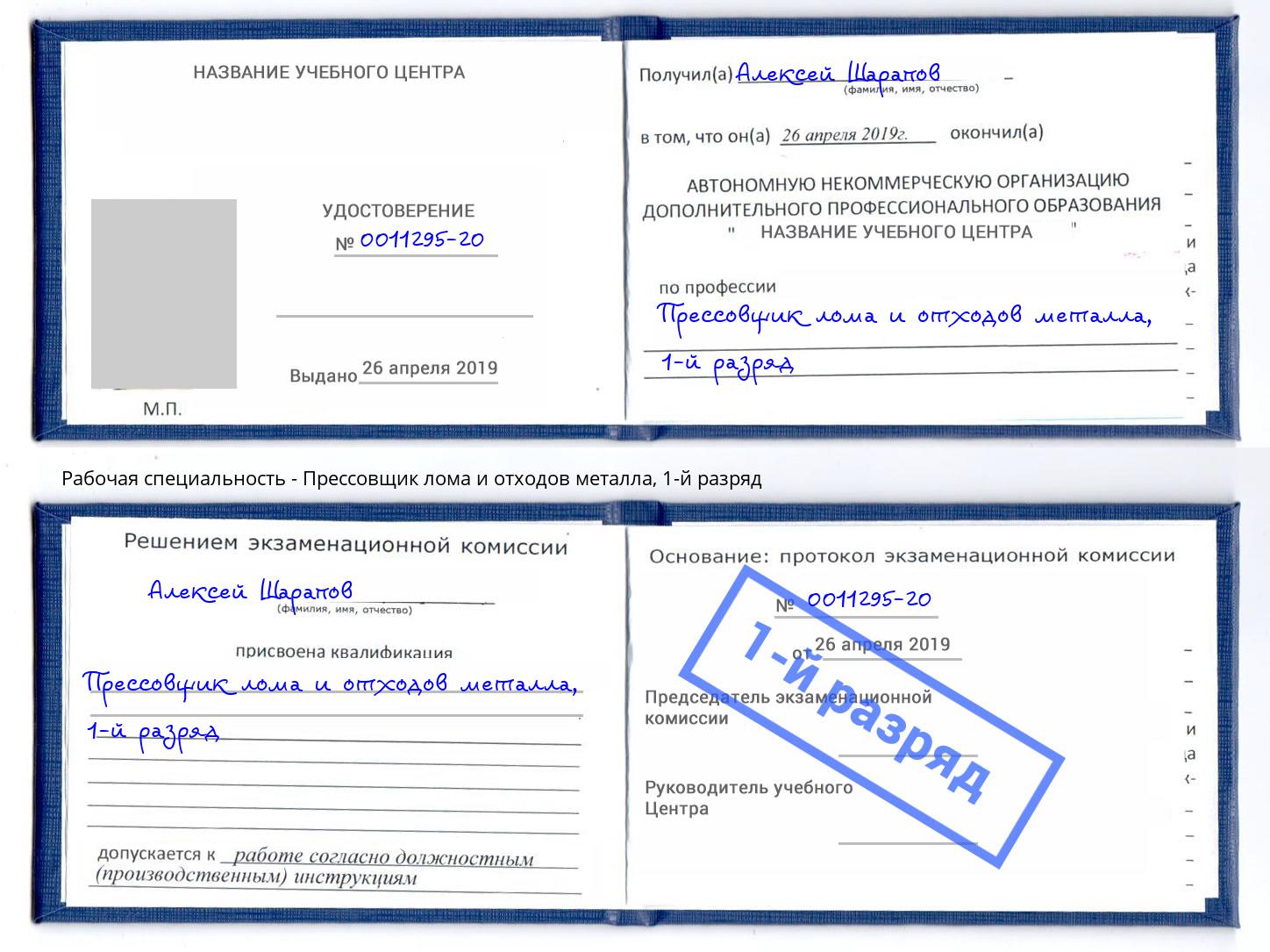 корочка 1-й разряд Прессовщик лома и отходов металла Новомосковск