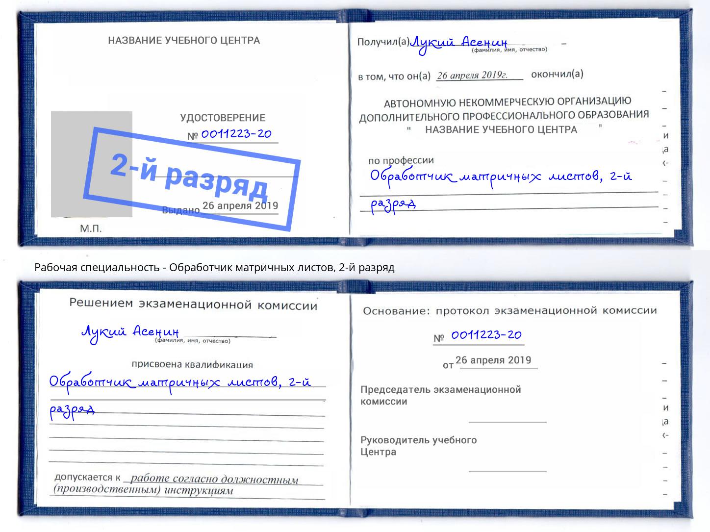 корочка 2-й разряд Обработчик матричных листов Новомосковск