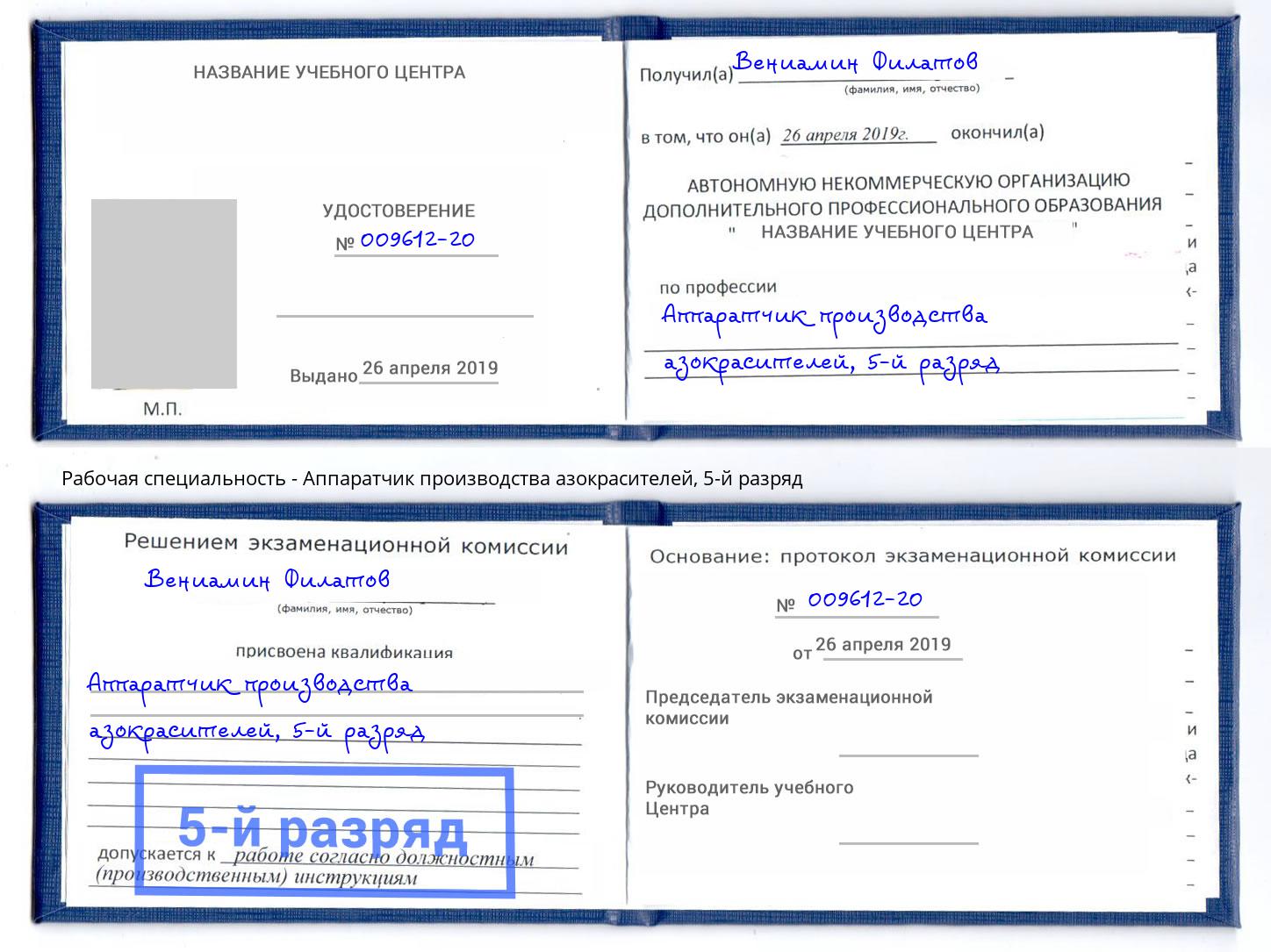 корочка 5-й разряд Аппаратчик производства азокрасителей Новомосковск