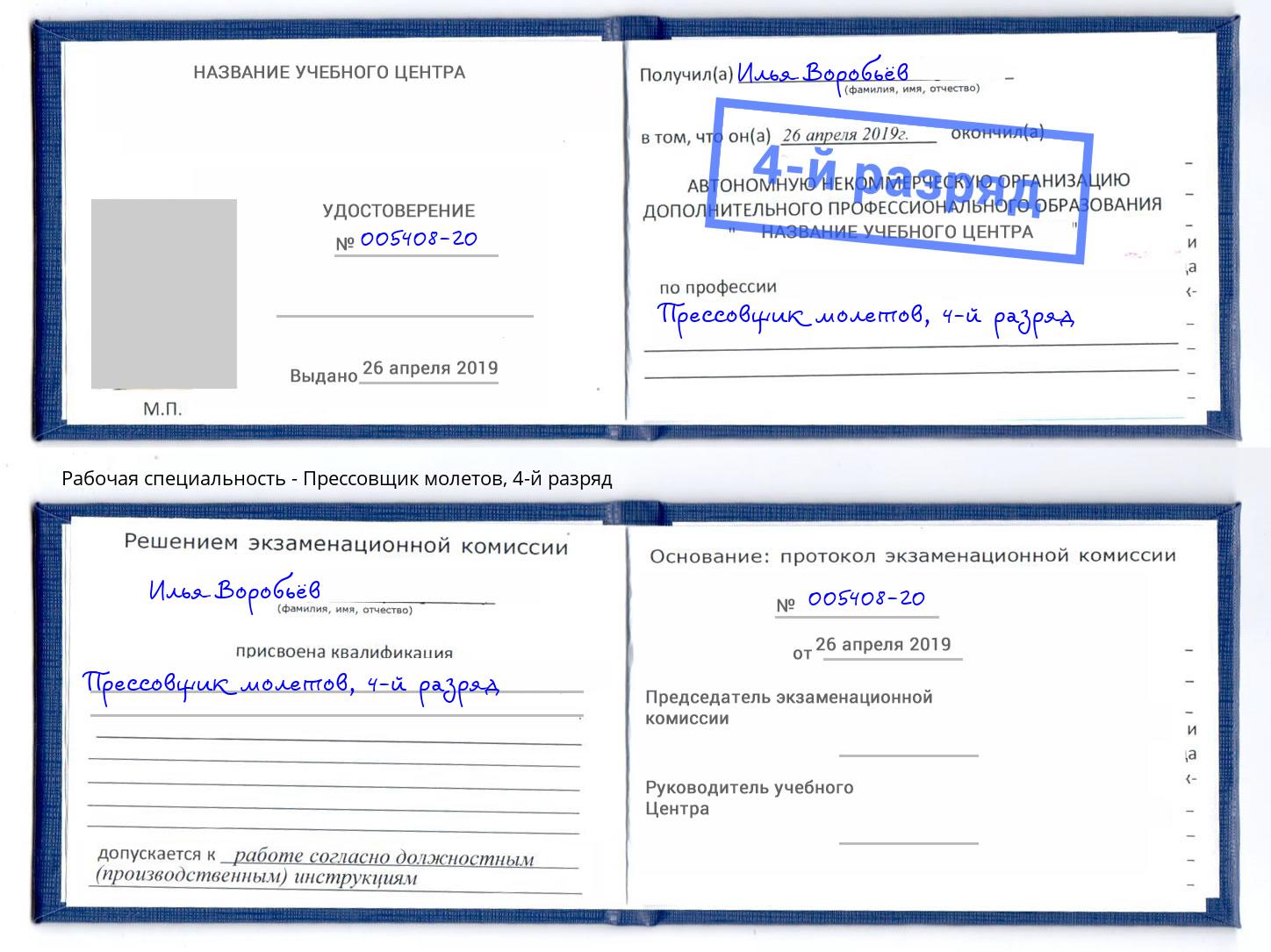 корочка 4-й разряд Прессовщик молетов Новомосковск