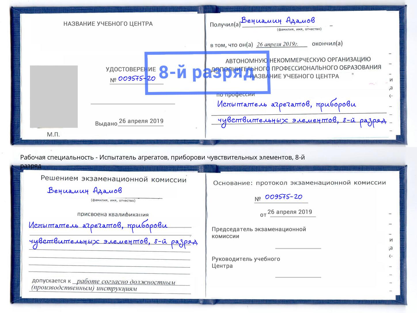 корочка 8-й разряд Испытатель агрегатов, приборови чувствительных элементов Новомосковск